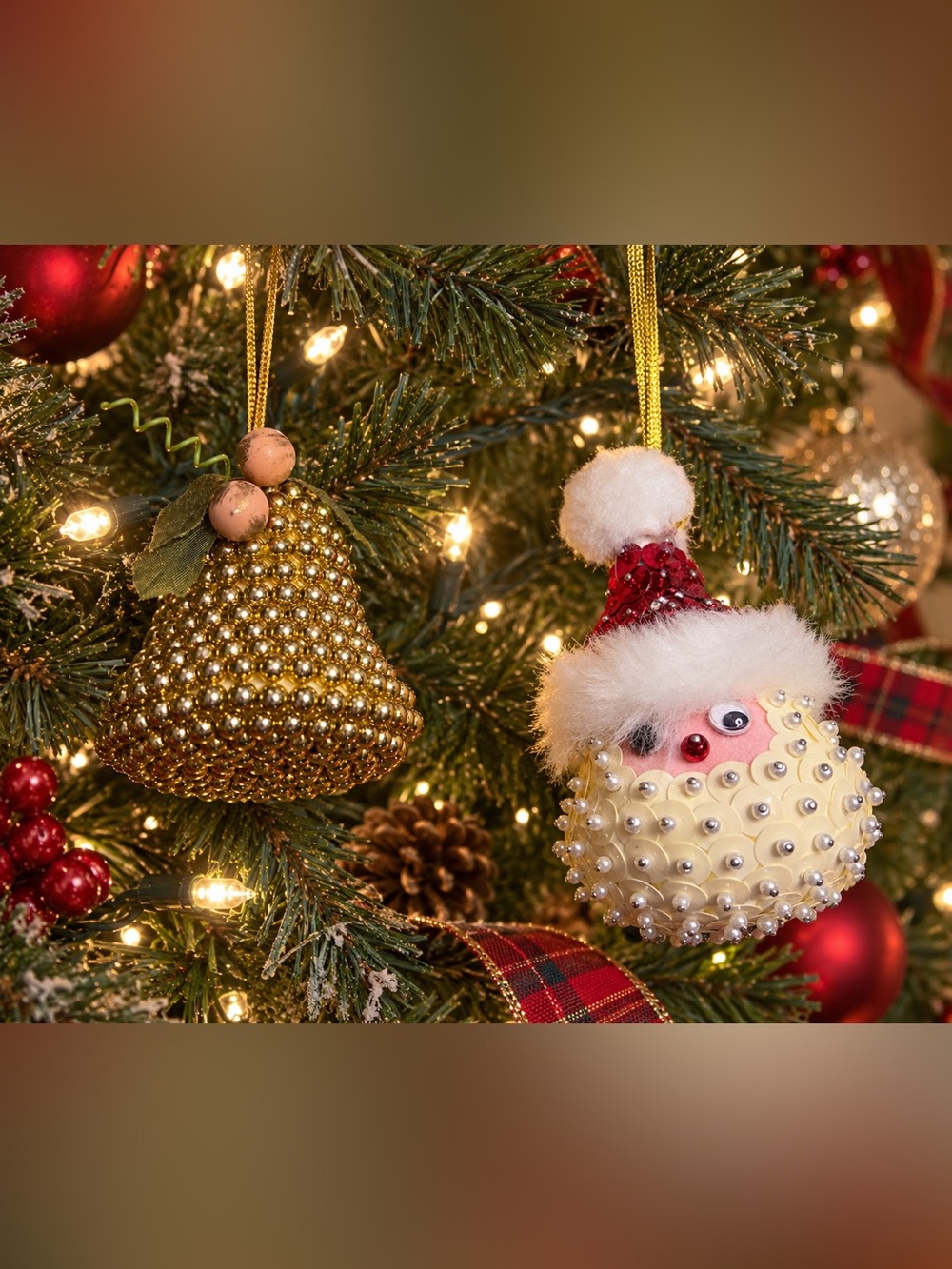 Vintage Push Pin Sequin Christmas Ornaments Santa & Bell Handmade Set of 2